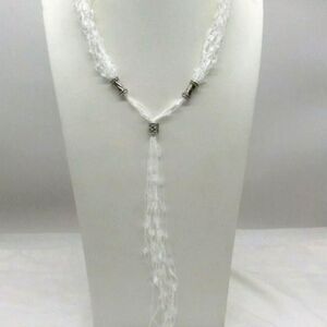 GORGEOUS White Crocheted Lariat Style Necklace w/ Silver Charm Bead Accents